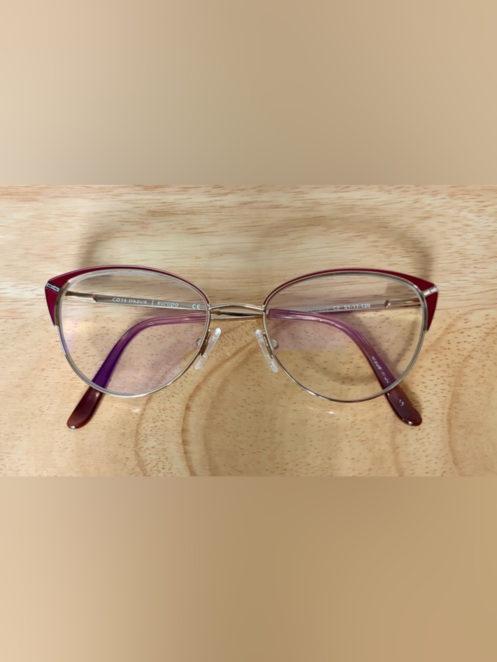 Cote D’Azur Europa Eyeglass Frames CDA-320 C2 51-17-135 Burgundy Gold Cat Eye